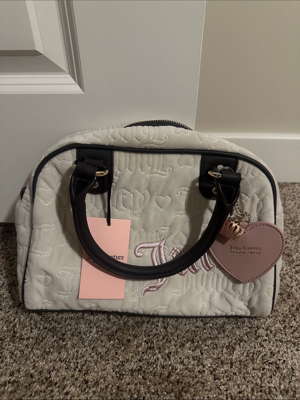 Juicy Couture Cream Quilted Satchel with Black Handles and Pink Heart Charm
